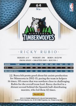 2012-13 Panini Immaculate Collection #64 Ricky Rubio Back
