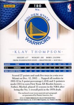 2012-13 Panini Immaculate Collection #180 Klay Thompson  Back