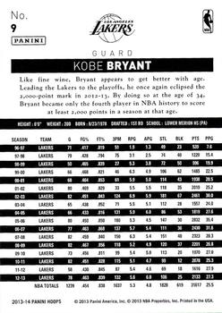 2013-14 Hoops #9 Kobe Bryant Back
