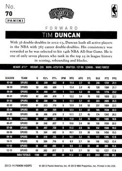 2013-14 Hoops #70 Tim Duncan Back