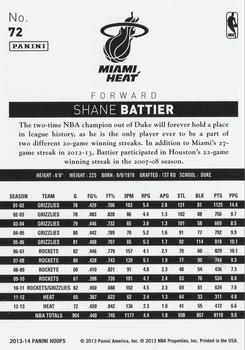 2013-14 Hoops #72 Shane Battier Back