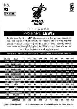 2013-14 Hoops #92 Rashard Lewis Back