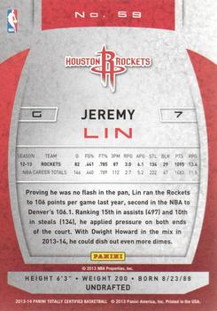 2013-14 Panini Totally Certified #59 Jeremy Lin Back