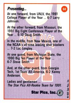 1991 Star Pics #60 All-Rookie Team (Larry Johnson / Doug Smith / Luc Longley / Kenny Anderson / Steve Smith) Back