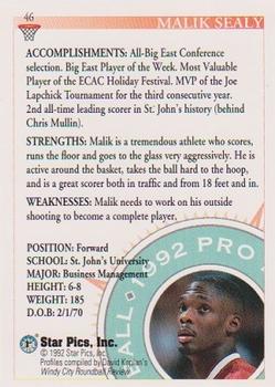 1992 Star Pics #46 Malik Sealy Back