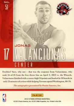 2012-13 Panini Intrigue - Impact Rookie Autographs #51 Jonas Valanciunas Back