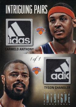 2012-13 Panini Intrigue - Intriguing Pairs Jerseys Laundry Tags #21 Carmelo Anthony / Tyson Chandler Front