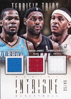 2012-13 Panini Intrigue - Terrific Trios Jerseys #27 Carmelo Anthony / Kevin Durant / LeBron James Front