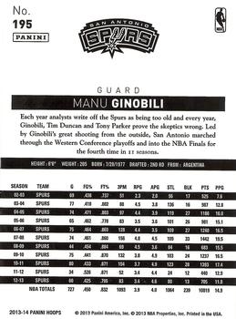 2013-14 Hoops - Gold #195 Manu Ginobili Back