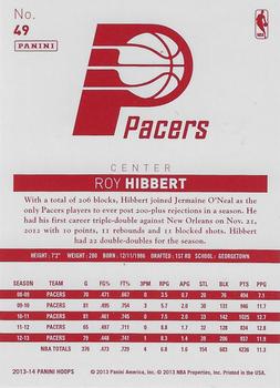 2013-14 Hoops - Red Back #49 Roy Hibbert Back