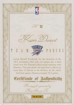 2012-13 Panini Flawless - Team Panini Autographs #12 Kevin Durant Back