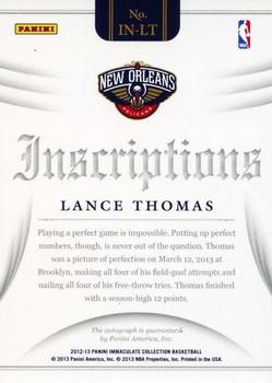 2012-13 Panini Immaculate Collection - Inscriptions #IN-LT Lance Thomas Back