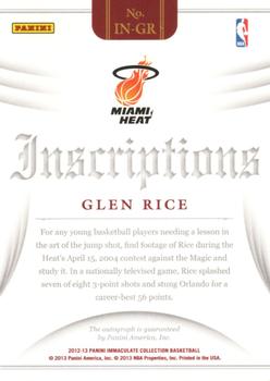 2012-13 Panini Immaculate Collection - Inscriptions #IN-GR Glen Rice Back