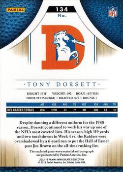 2012-13 Panini Immaculate Collection - Rookie Autographed Patches Sports Variations #134 Tony Dorsett Back