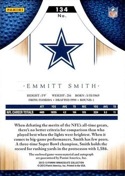 2012-13 Panini Immaculate Collection - Rookie Autographed Patches Sports Variations #134 Emmitt Smith Back