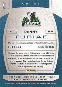 2013-14 Panini Totally Certified - Totally Silver Signatures #51 Ronny Turiaf Back