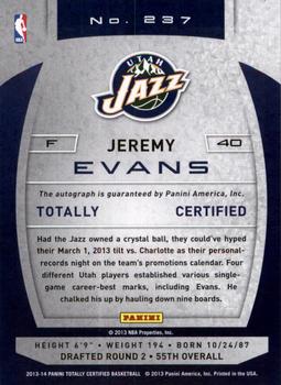 2013-14 Panini Totally Certified - Totally Silver Signatures #237 Jeremy Evans Back