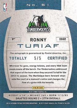 2013-14 Panini Totally Certified - Totally Blue Signatures #51 Ronny Turiaf Back