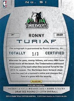 2013-14 Panini Totally Certified - Totally Gold Signatures #51 Ronny Turiaf Back