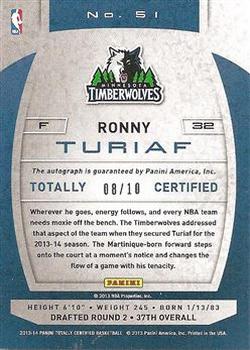 2013-14 Panini Totally Certified - Totally Red Signatures #51 Ronny Turiaf Back