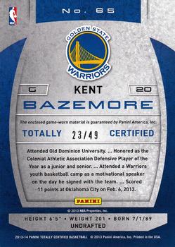 2013-14 Panini Totally Certified - Materials Red #65 Kent Bazemore Back