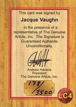 1997 Genuine Article - Lottery Connection Autographs #LC4 Jacque Vaughn Back