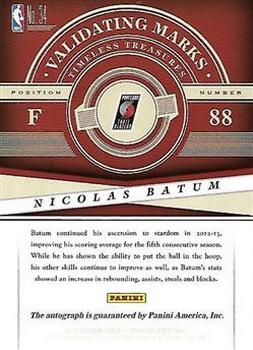 2013-14 Panini Timeless Treasures - Validating Marks #34 Nicolas Batum Back