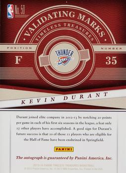 2013-14 Panini Timeless Treasures - Validating Marks Black #50 Kevin Durant Back