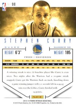 2013-14 Panini Intrigue #98 Stephen Curry Back