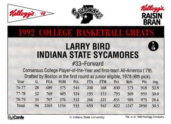 1992 Kellogg's Raisin Bran College Basketball Greats #7 Larry Bird Back