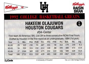 1992 Kellogg's Raisin Bran College Basketball Greats #11 Hakeem Olajuwon Back