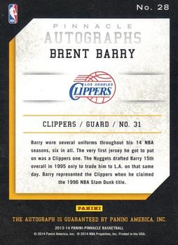 2013-14 Pinnacle - Autographs #28 Brent Barry Back