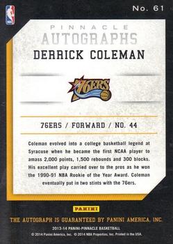 2013-14 Pinnacle - Autographs #61 Derrick Coleman Back