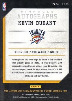 2013-14 Pinnacle - Autographs #116 Kevin Durant Back