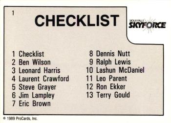 1989-90 ProCards CBA #1 Sioux Falls SkyForce Checklist Back