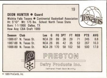 1989-90 ProCards CBA #19 Deon Hunter Back