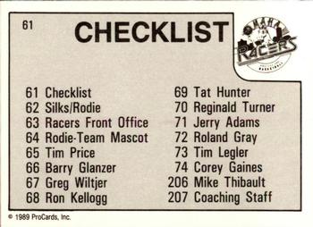 1989-90 ProCards CBA #61 Omaha Racers Checklist Back