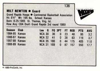1989-90 ProCards CBA #136 Milt Newton Back