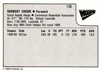 1989-90 ProCards CBA #138 Herbert Crook Back