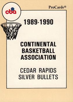 1989-90 ProCards CBA #179 Cedar Rapids Silver Bullets Checklist Front