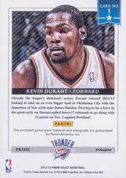 2012-13 Panini Select - Select Stars Jersey Prime Autographs Prizms #1 Kevin Durant Back