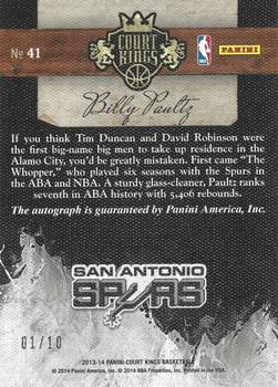 2013-14 Panini Court Kings - Autographs Gold #41 Billy Paultz Back