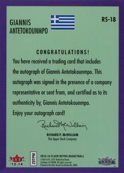 2013-14 Fleer Retro - '92-93 Fleer Rookie Sensations Autographs #RS-18 Giannis Antetokounmpo Back