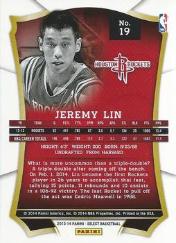 2013-14 Panini Select #19 Jeremy Lin Back