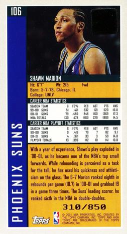 2001-02 Topps High Topps #106 Shawn Marion Back