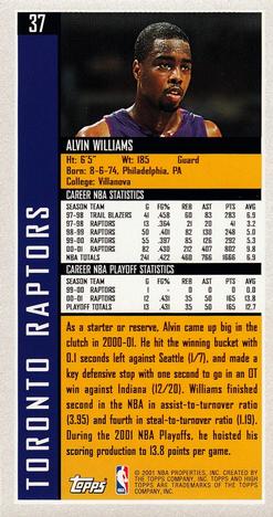 2001-02 Topps High Topps #37 Alvin Williams Back
