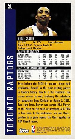 2001-02 Topps High Topps #50 Vince Carter Back