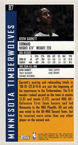 2001-02 Topps High Topps #87 Kevin Garnett Back