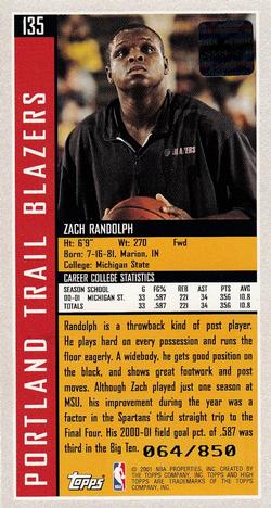 2001-02 Topps High Topps #135 Zach Randolph Back