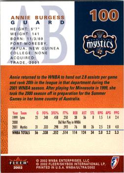 2002 Ultra WNBA #100 Annie Burgess Back